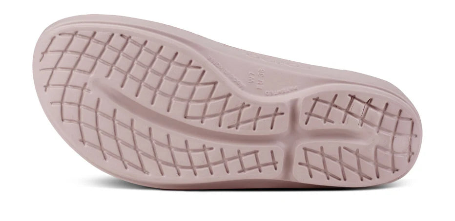 Women's Oofos Oolala. Pink. Bottom view.