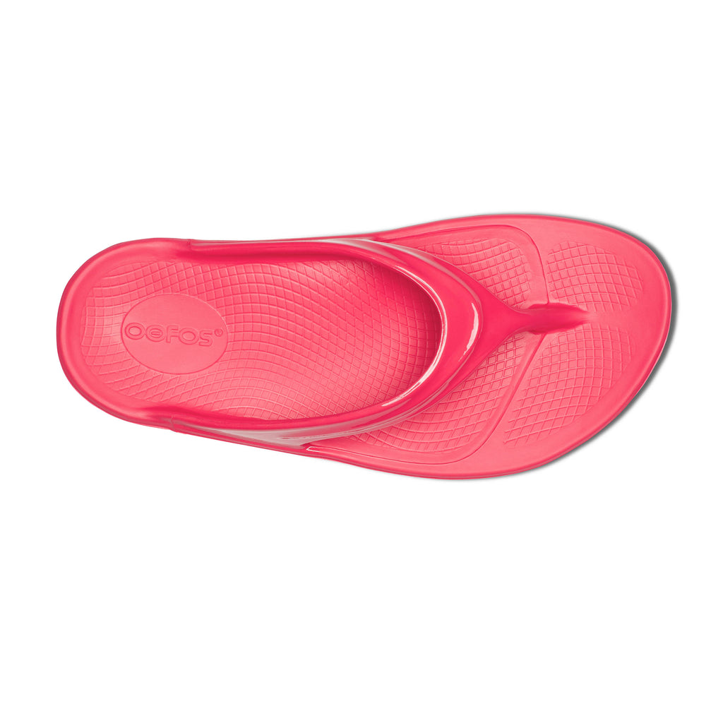 Women's Oofos Oolala Thong. Hot pink. Top view.