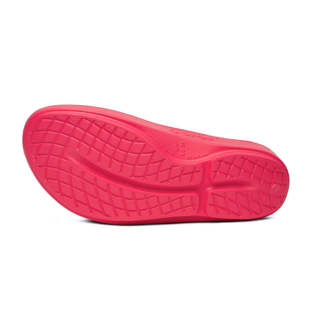 Women's Oofos Oolala Thong. Hot pink. Bottom view.