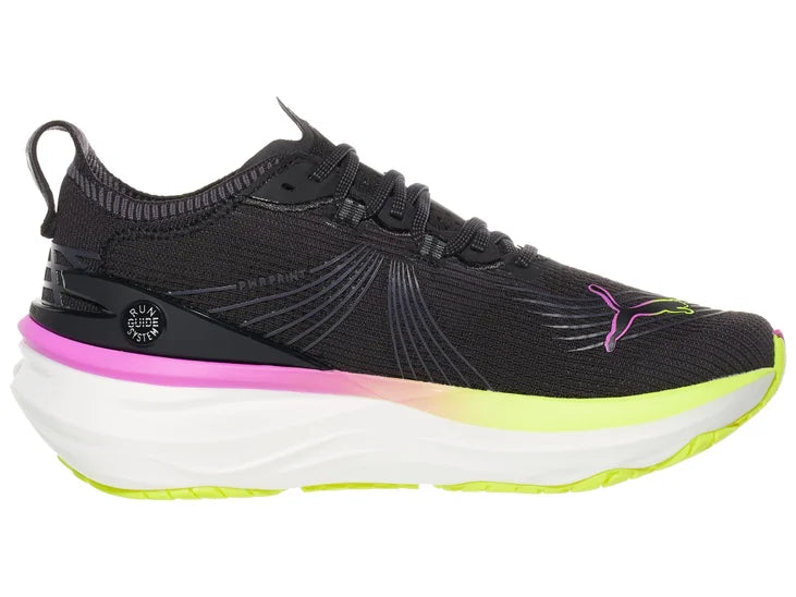 Women's Puma ForeverRun Nitro 2. Black upper. Yellow/Purple/White midsole. Medial view.