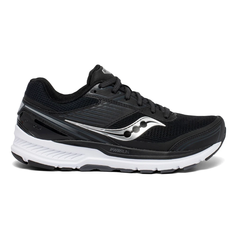 Women's Saucony Echelon 8. Black upper. White midsole. Lateral view.