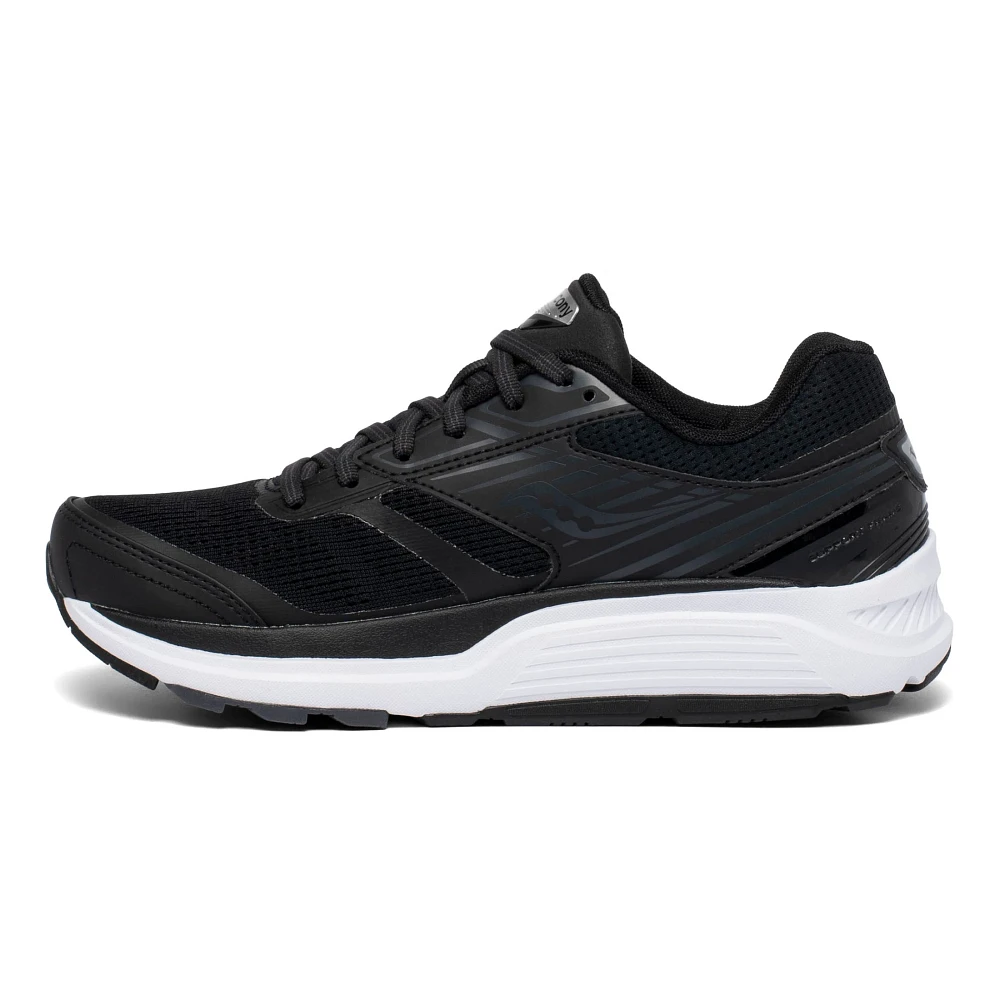 Women's Saucony Echelon 8. Black upper. White midsole. Medial view.