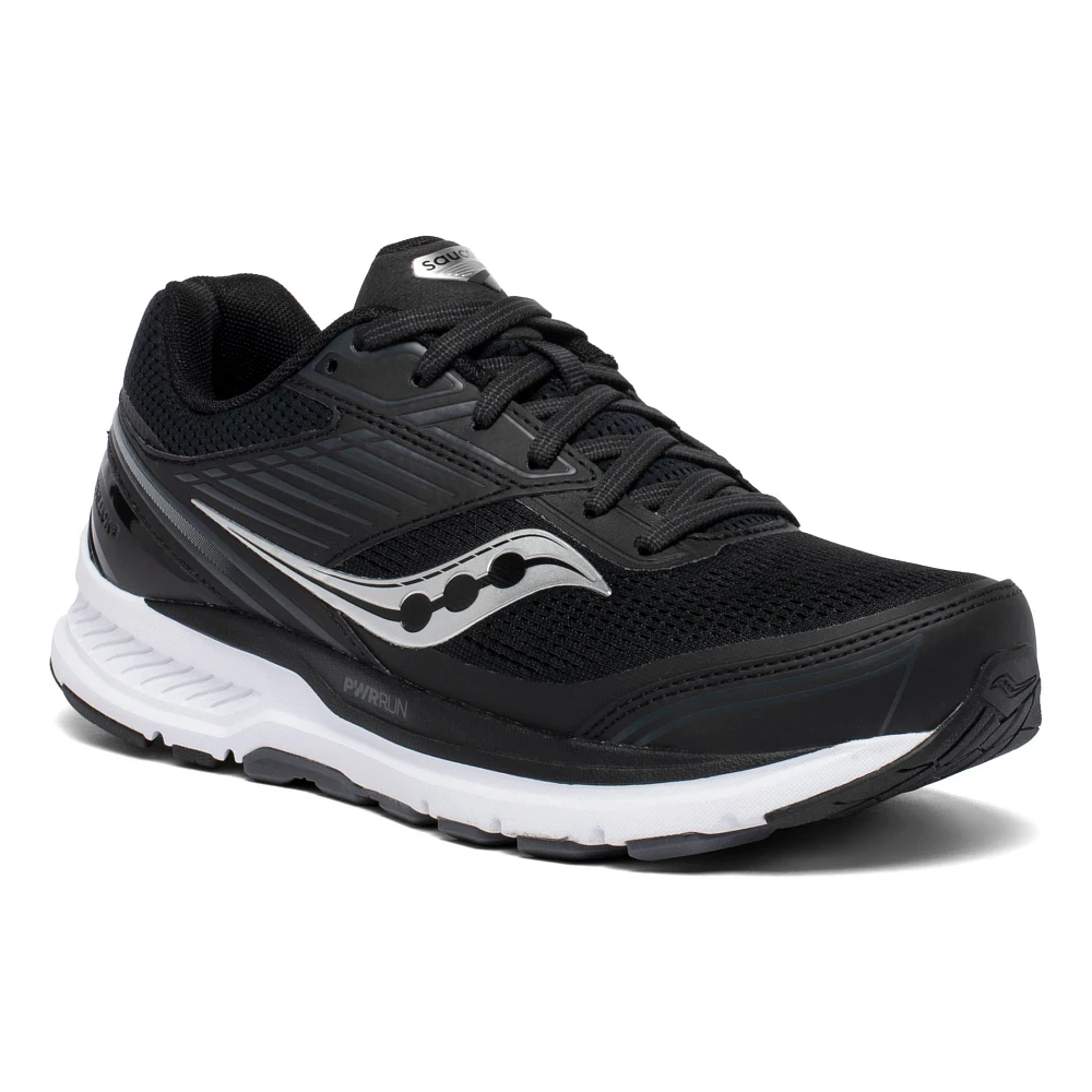 Women's Saucony Echelon 8. Black upper. White midsole. Lateral view.