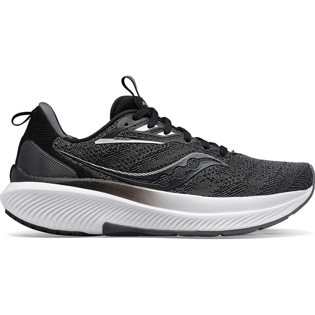 Women's Saucony Echelon 9. Black upper. White midsole. Lateral view.