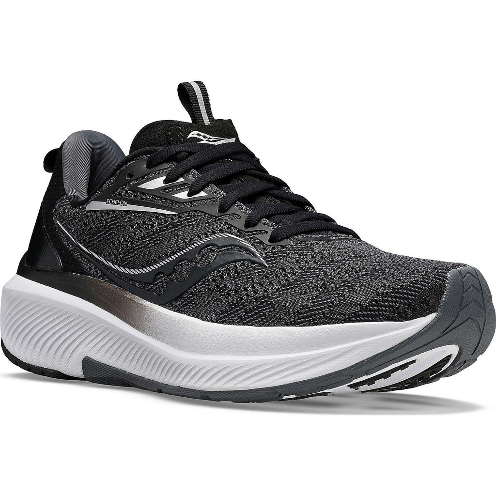 Women's Saucony Echelon 9. Black upper. White midsole. Lateral view.