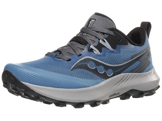 Women's Saucony Peregrine 14. Blue upper. Grey midsole. Lateral view.