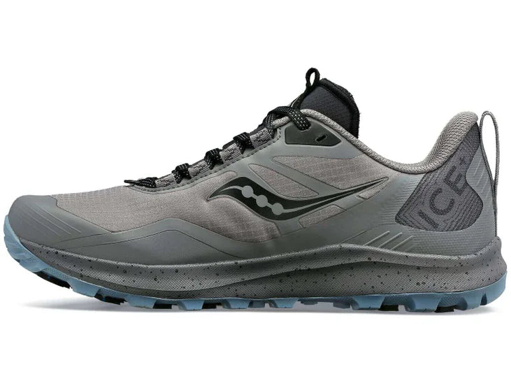 Women's Saucony Peregrine ICE 3. Grey upper. Grey midsole. Medial view.