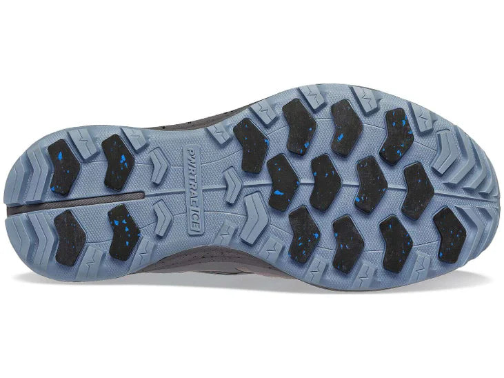 Women's Saucony Peregrine ICE 3. Grey upper. Grey midsole. Bottom view.