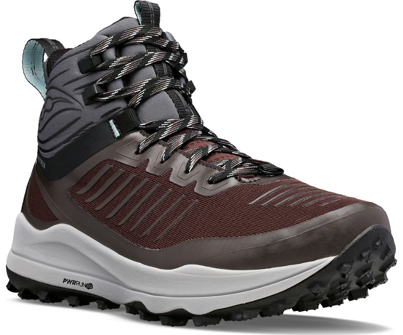 Women's Saucony Ultra Ridge GTX. Brown/Black upper. Grey midsole. Lateral view.