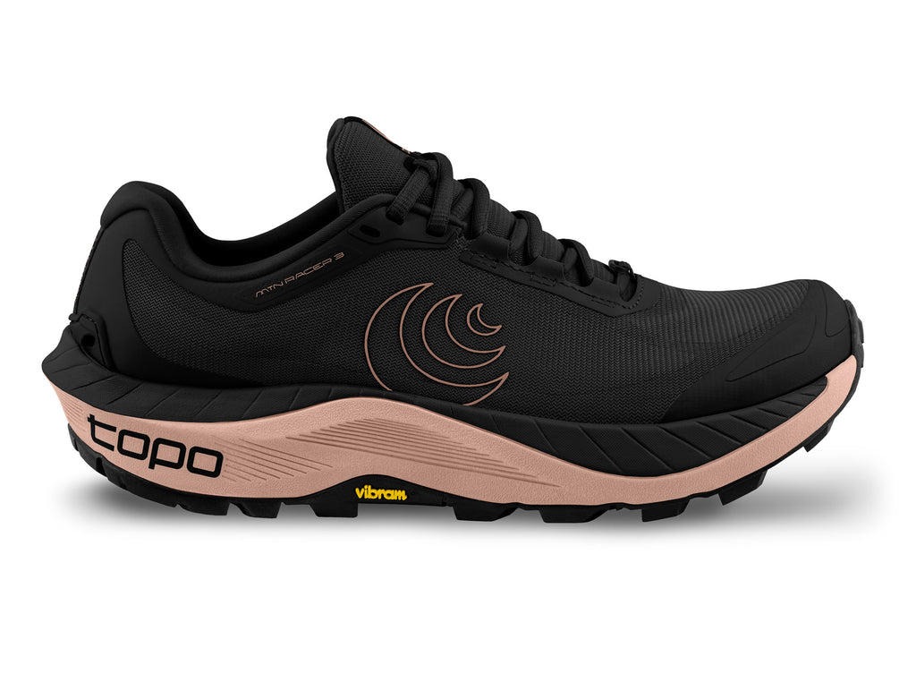 Women's Topo Athletic Mtn Racer 3. Black upper. Mauve midsole. Lateral view.