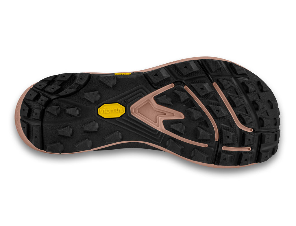 Women's Topo Athletic Mtn Racer 3. Black upper. Mauve midsole. Bottom view.