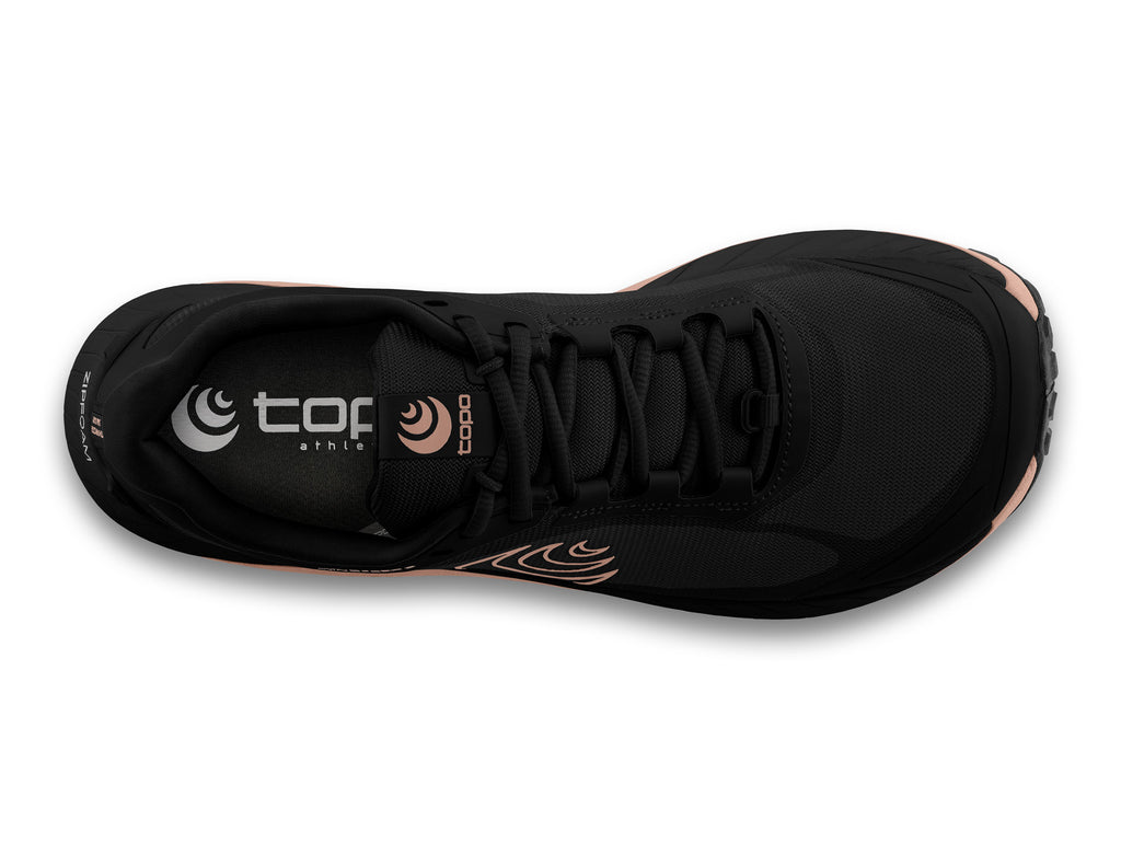 Women's Topo Athletic Mtn Racer 3. Black upper. Mauve midsole. Top view.