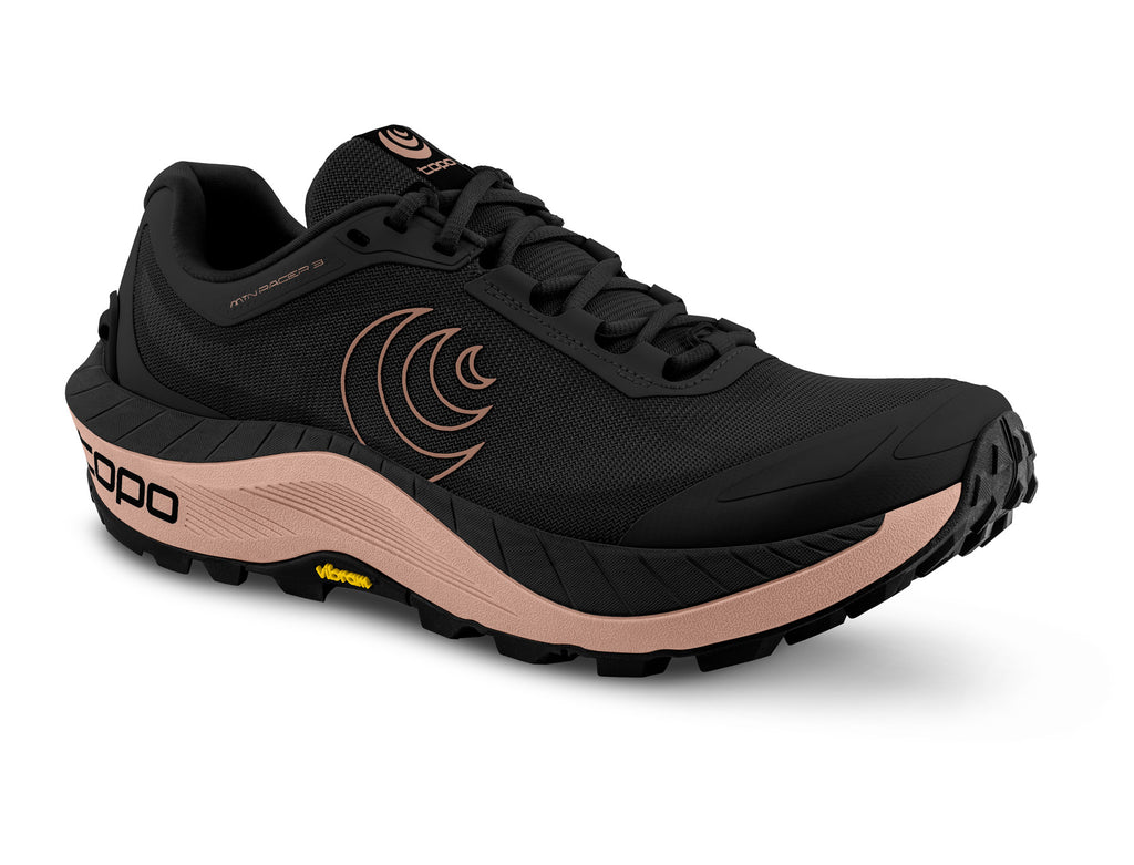 Women's Topo Athletic Mtn Racer 3. Black upper. Mauve midsole. Lateral view.