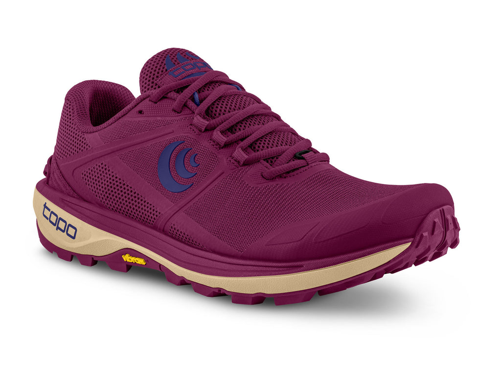 Women's Topo Terraventure 4. Violet upper. Tan midsole. Lateral view.
