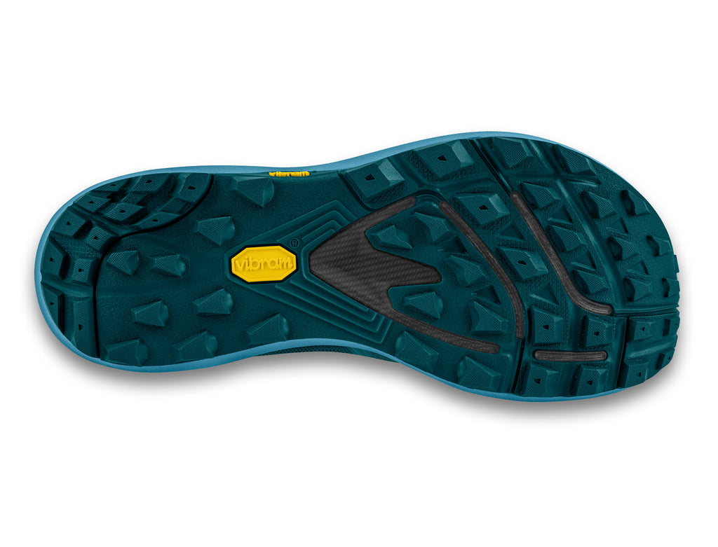 Women's Topo Athletic Terraventure 4. Blue upper. Blue midsole. Bottom view.