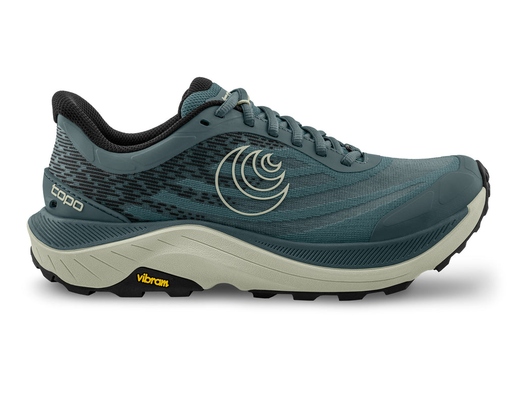 Women's Topo Ultraventure 4. Blue/Grey upper. Grey midsole. Lateral view.