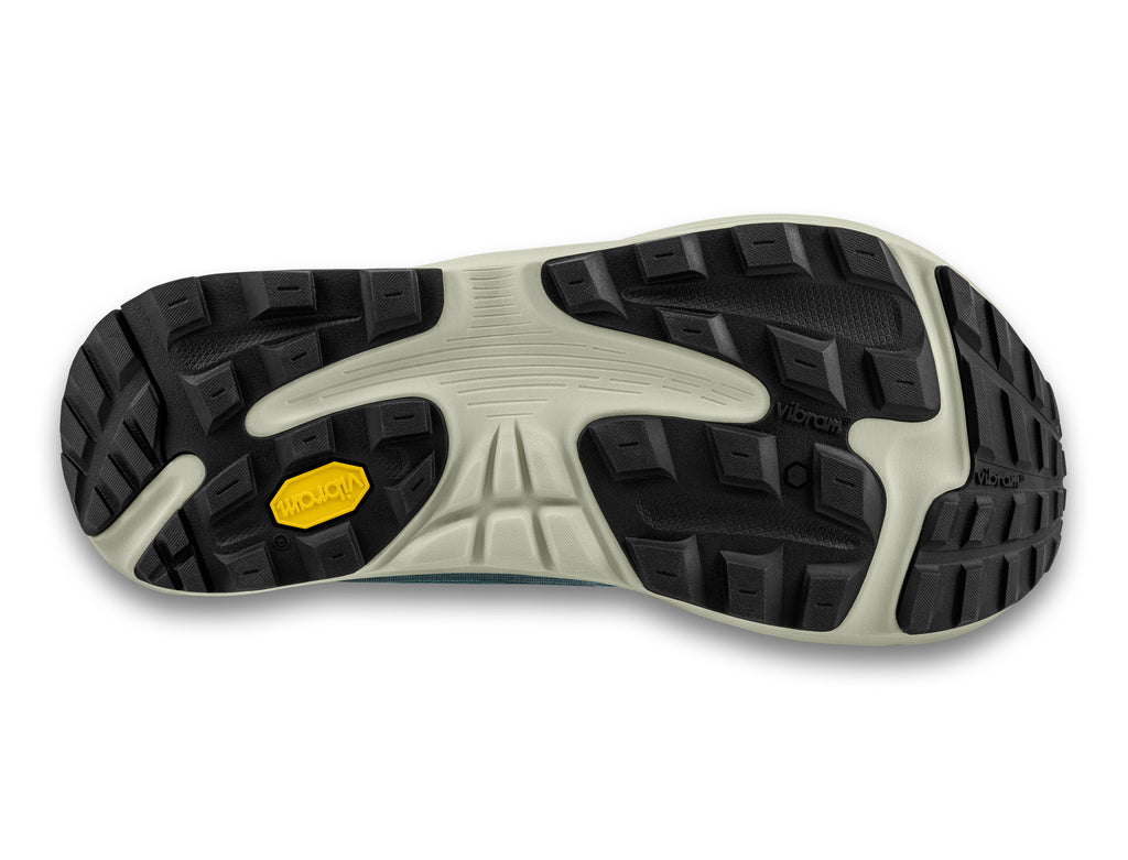 Women's Topo Ultraventure 4. Blue/Grey upper. Grey midsole. Bottom view.