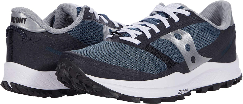 Women's Saucony Peregrine 11. Navy upper. White midsole. Lateral view.