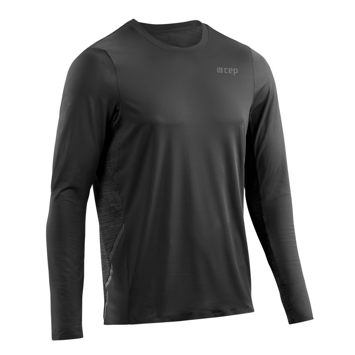 Men's CEP Run Shirt Long Sleeve. Black. Front view.
