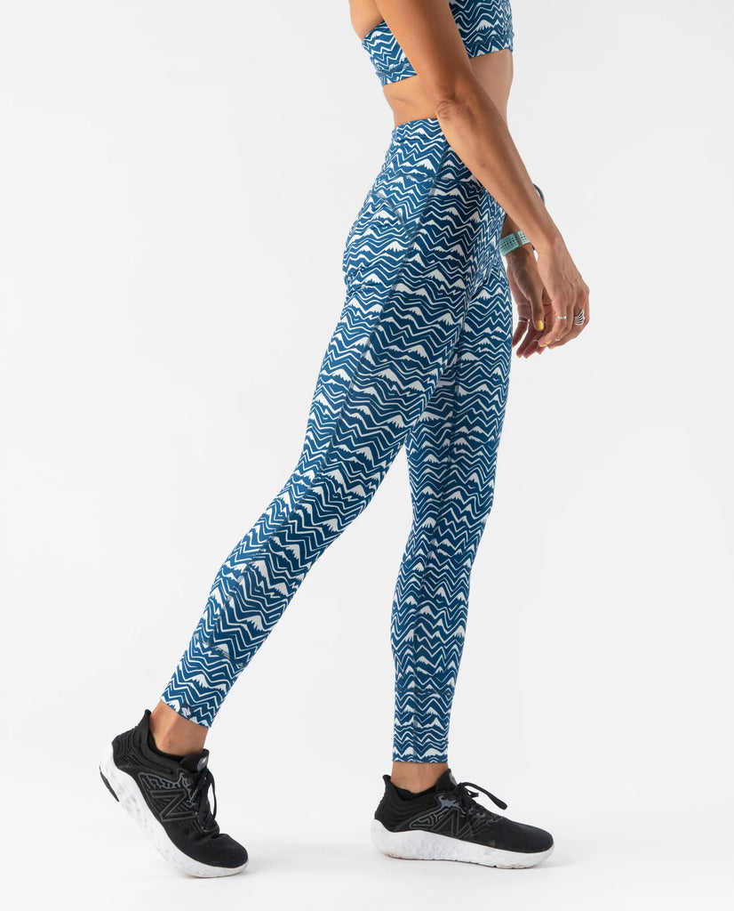 Women's rabbit EZ Tights. Blue/White print. Lateral view.