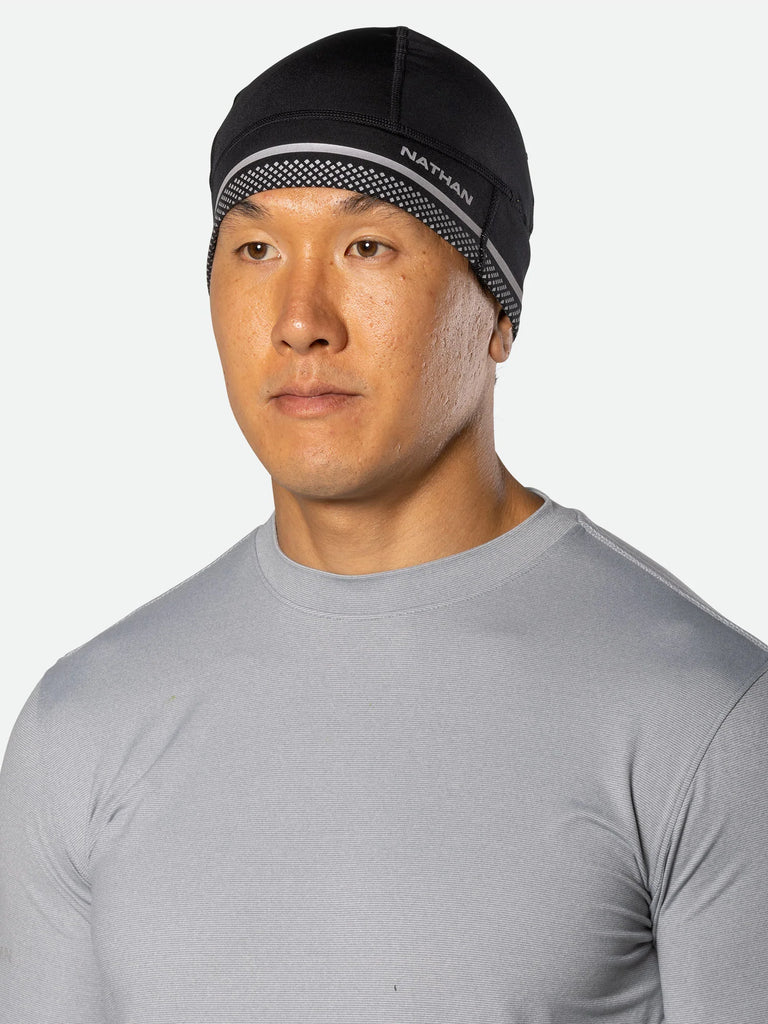 Unisex Nathan Hypernight Beanie. Black. Front/Lateral view.