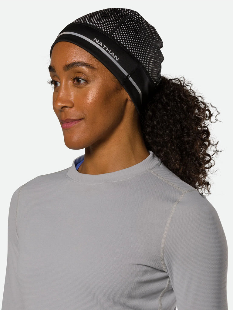 Nathan Hypernight Reflective Beanie. Black. Front/Lateral view.