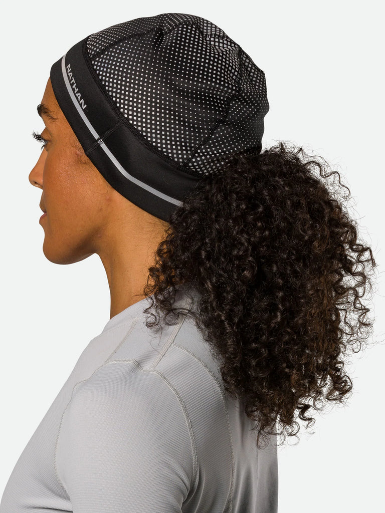 Nathan Hypernight Reflective Beanie. Black. Rear/Lateral view.