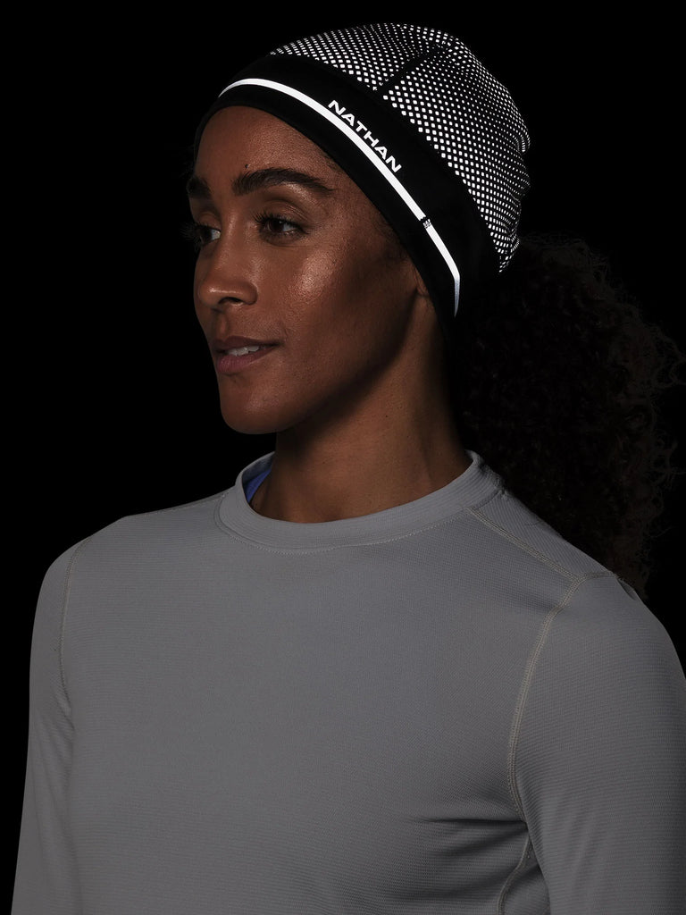 Nathan Hypernight Reflective Beanie. Black. Front/Lateral view.