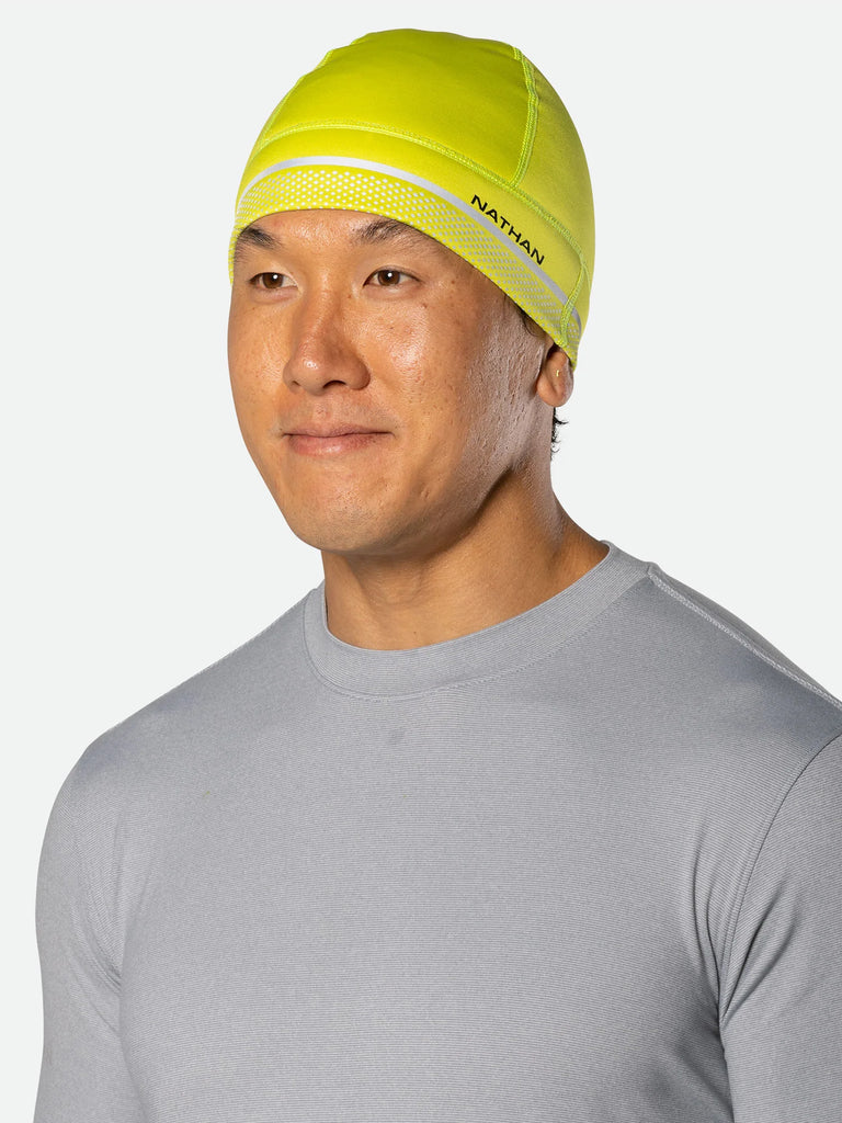 Unisex Nathan Hypernight Beanie. Yellow. Front/Lateral view.