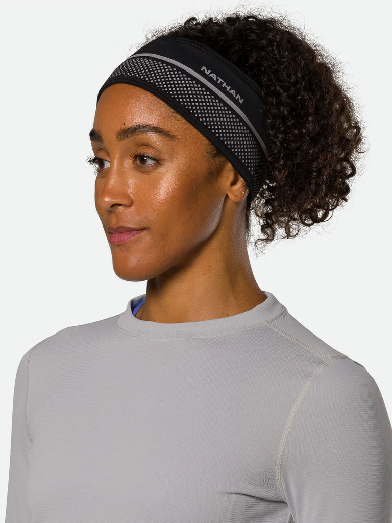 Unisex Natha Hypernight Reflective Headband. Black. Front/Lateral view.