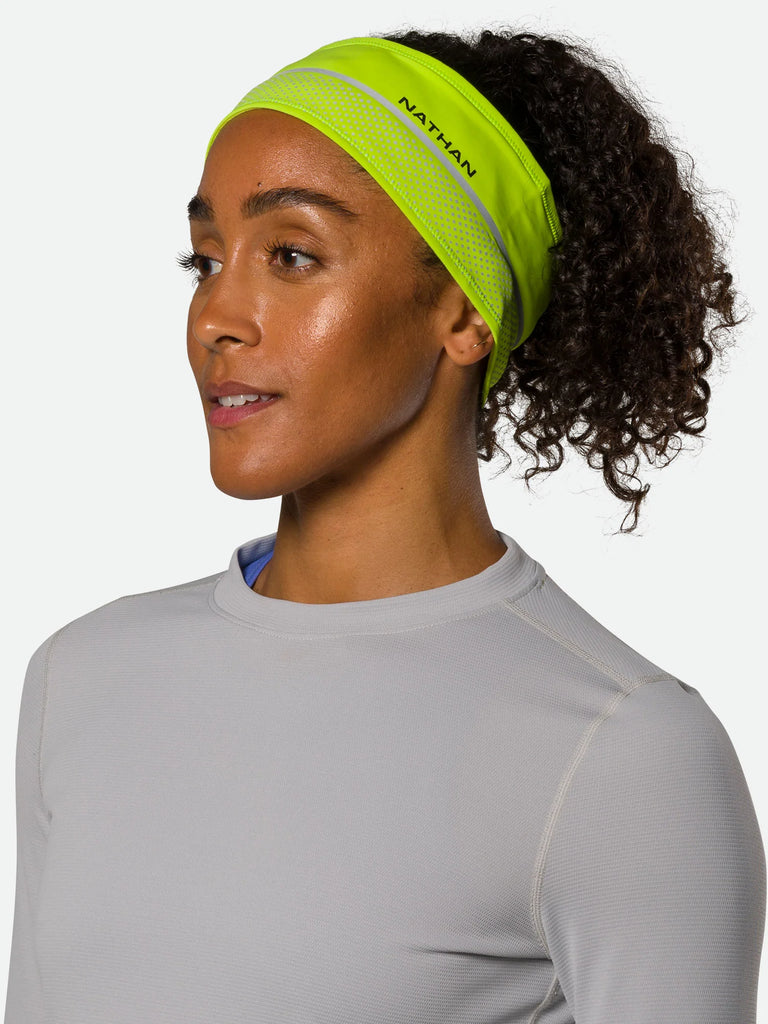 Unisex Natha Hypernight Reflective Headband. Yellow. Front/Lateral view.