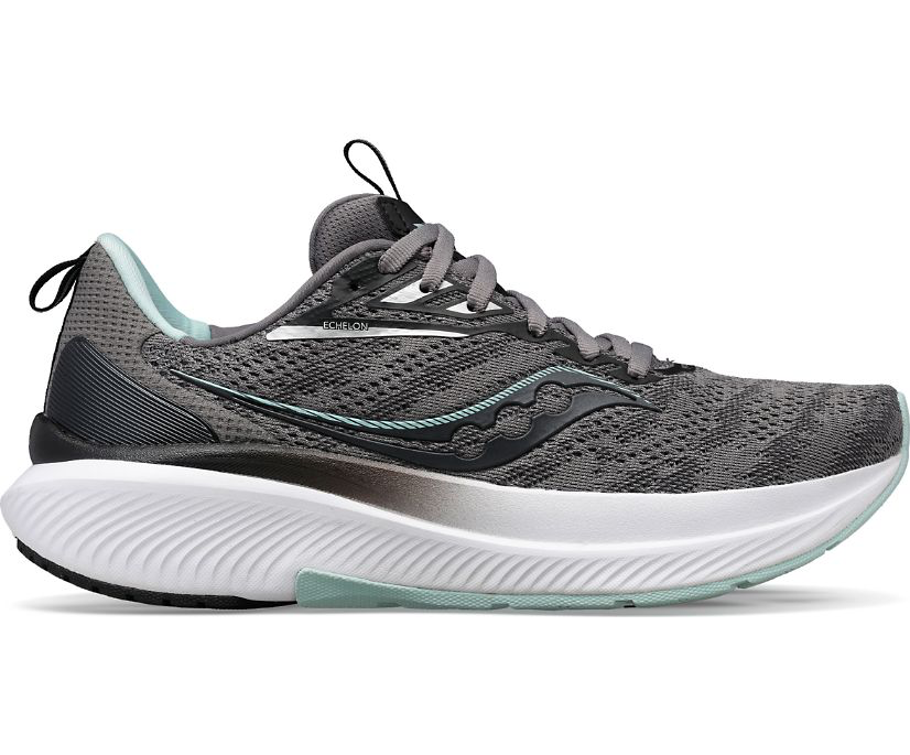 Women's Saucony Echelon 9. Grey upper. White midsole. Lateral view.