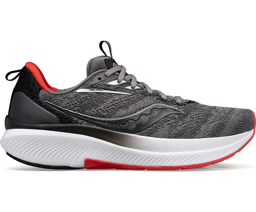 Men's Saucony Echelon 9. Grey upper. White midsole. Lateral view.