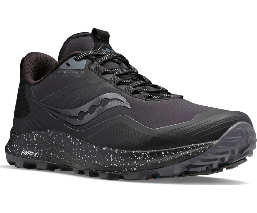 Men's Saucony Peregrine ICE 3. Black upper. Black midsole. Lateral view.