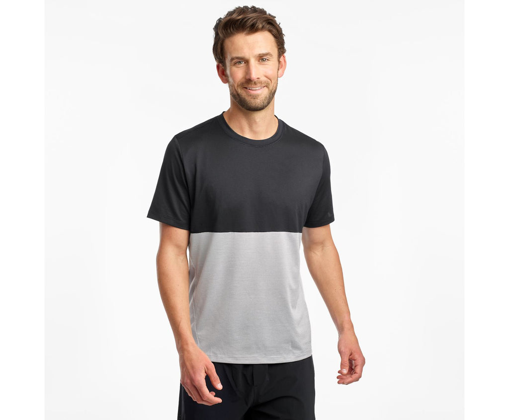 Men's Saucony ReRun Short Sleeve. Black/White. Front view.