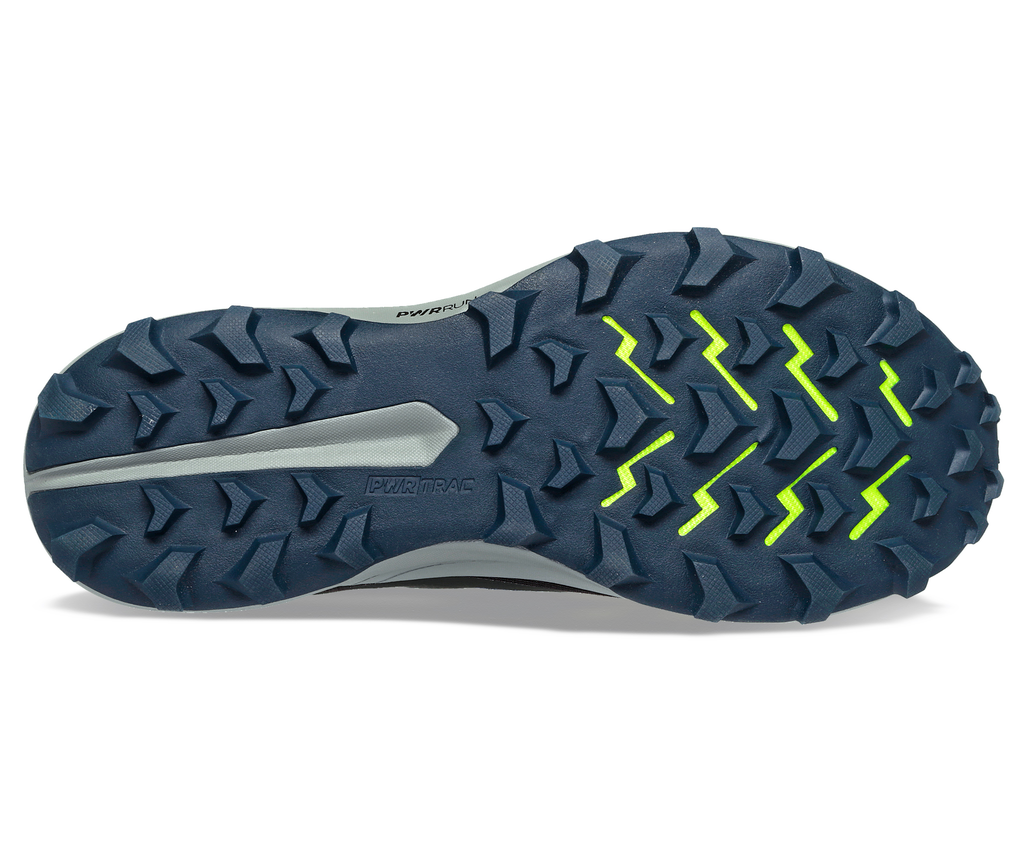 Women's Saucony Peregrine 13. Dark Blue/Black upper. Grey midsole. Bottom view.