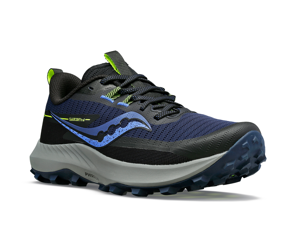 Women's Saucony Peregrine 13. Dark Blue/Black upper. Grey midsole. Lateral view.