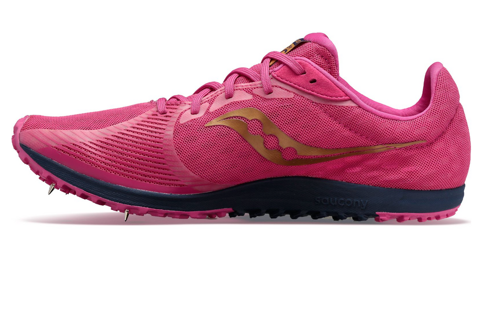 Women's Saucony Kilkenny XC 9. Pink upper. Purple midsole. Medial view.