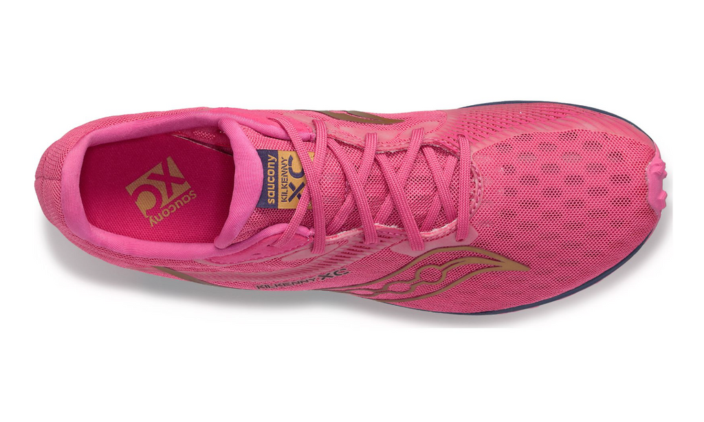Women's Saucony Kilkenny XC 9. Pink upper. Purple midsole. Top view.