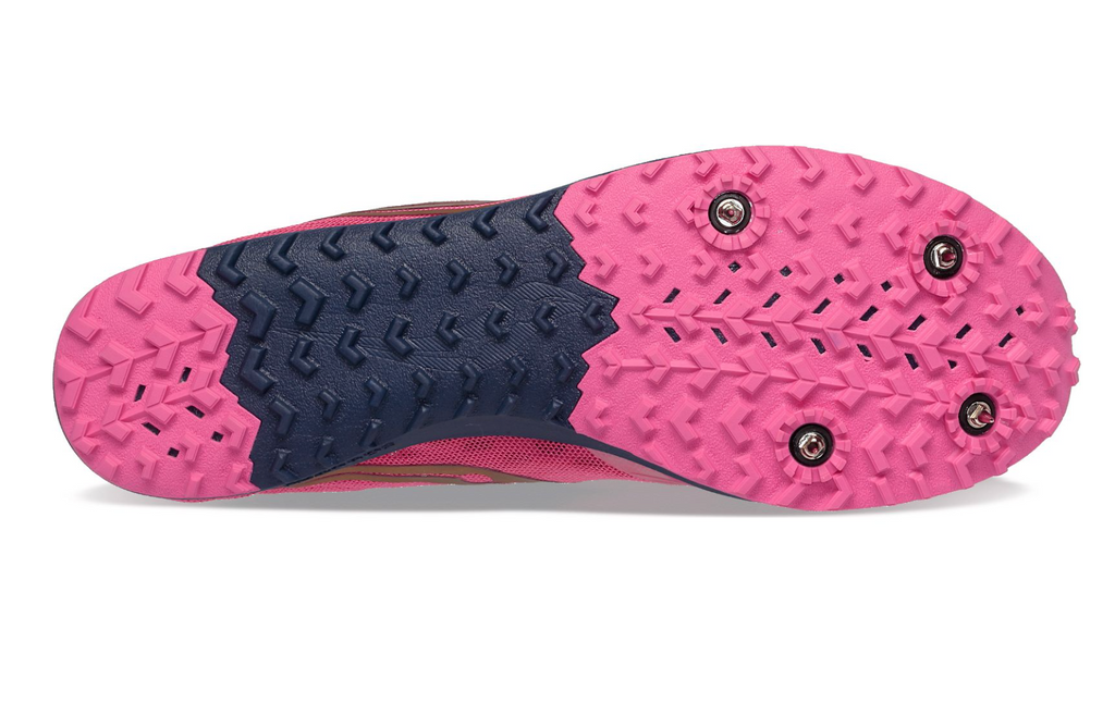 Women's Saucony Kilkenny XC 9. Pink upper. Purple midsole. Bottom view.