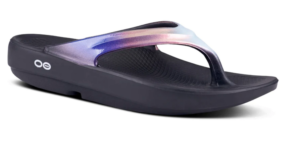 Oofos Oolala Lux Sandal. Pink/Blue/Black. Lateral view.