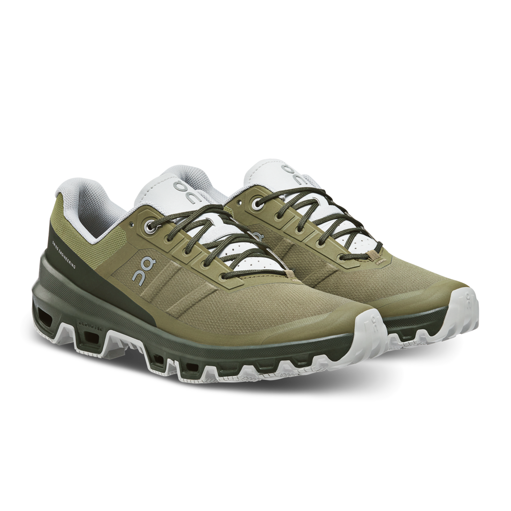 Men's Cloudventure 3. Green upper. Green midsole. Lateral view.