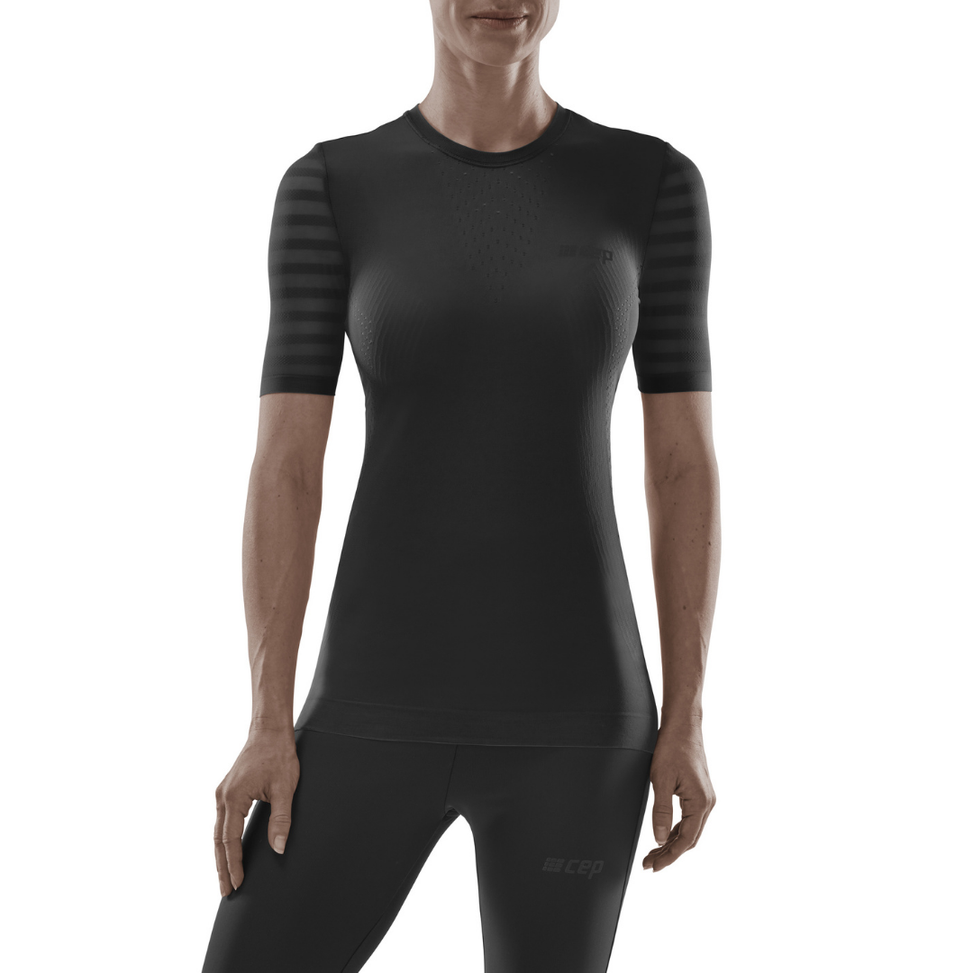 Women's CEP Short Sleeve Shirt. Black. Front view.