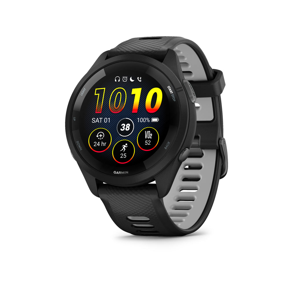 Garmin Forerunner 265. Black. Front/Lateral view.