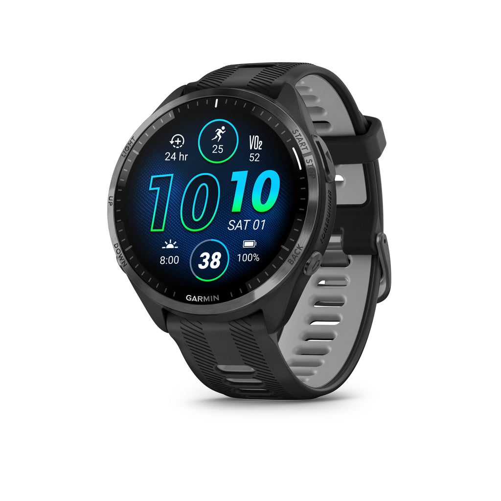 Garmin Forerunner 965. Black. Front/Lateral view.