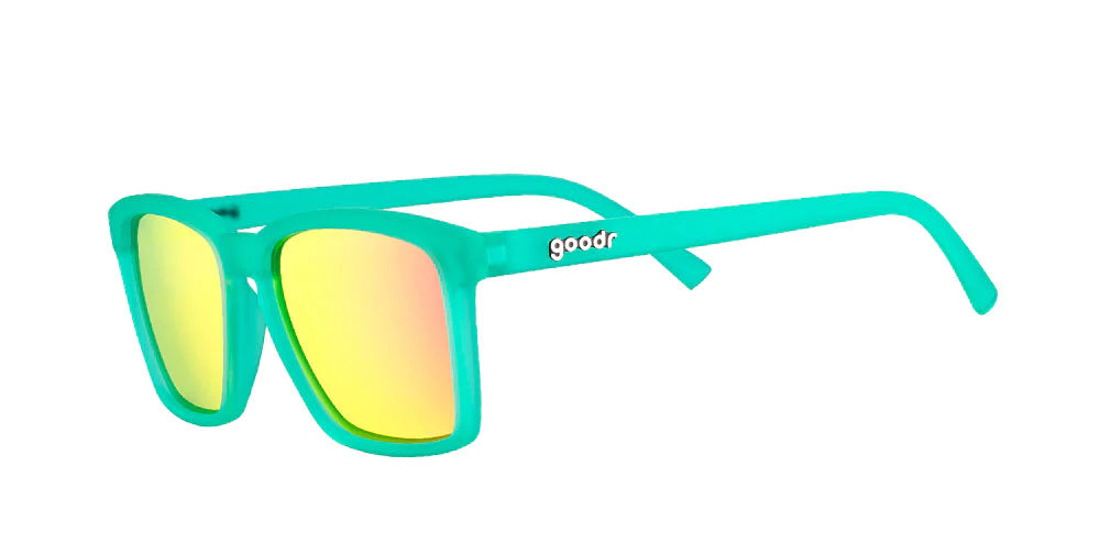 goodr lfg sunglasses. Blue. Front/Lateral view.