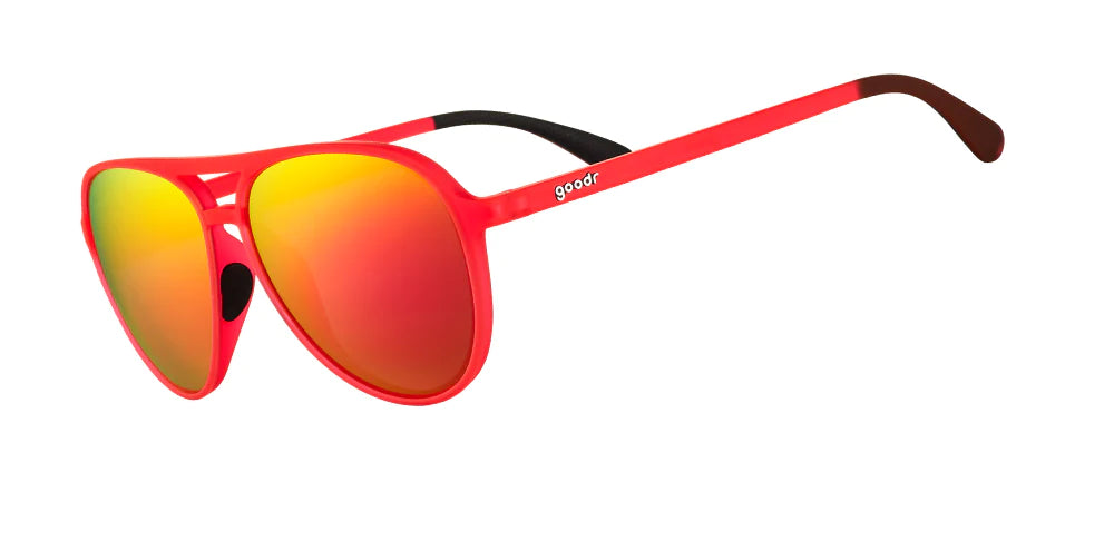 goodr mach g sunglasses. Red. Front/Lateral view.