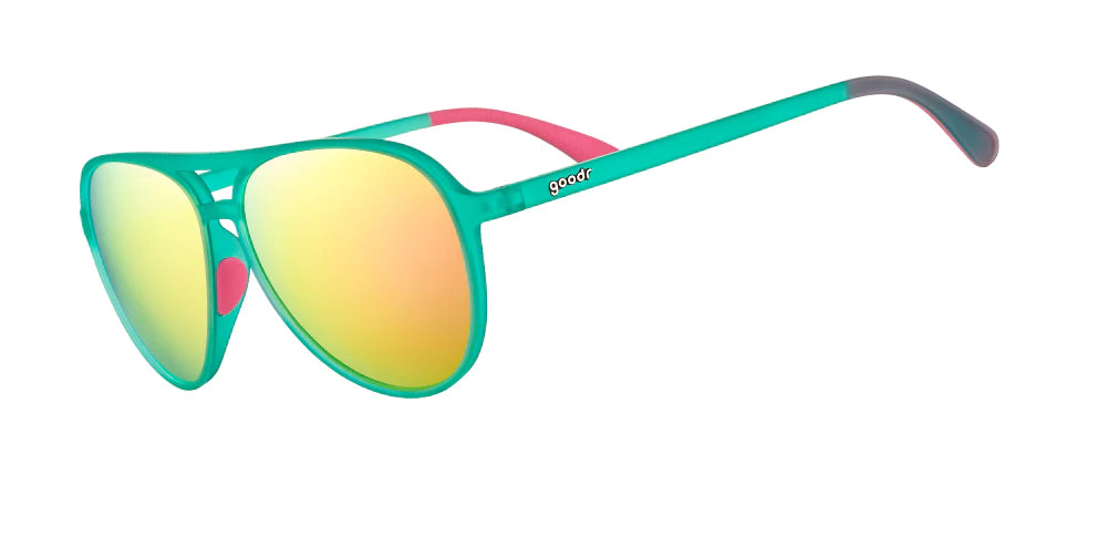goodr mach g sunglasses. Aqua. Front/Lateral view.