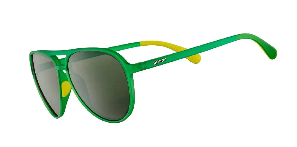 goodr mach g sunglasses. Green. Front/Lateral view.