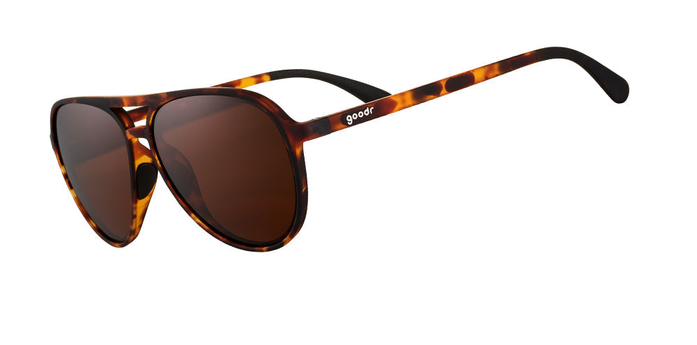 goodr mach g sunglasses. Brown. Front/Lateral view.